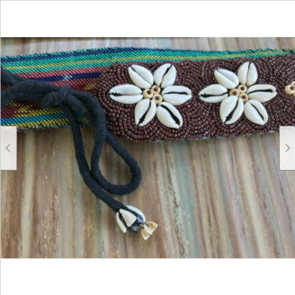 Guatemala Tie-on Belt Beaded & Cowrie Shells Design Flower Pattern Boho Beach - Picture 5 of 7